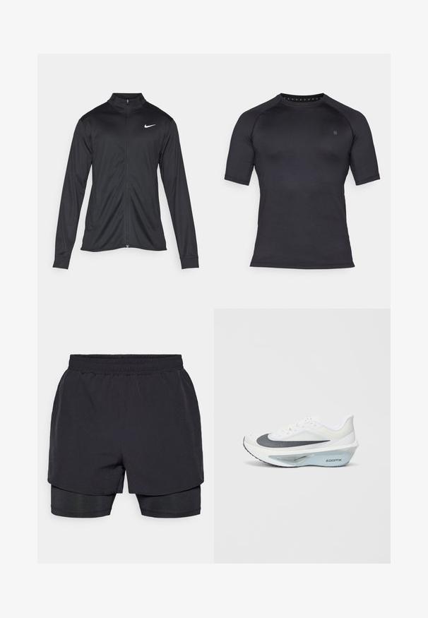 Fekete sportdzseki hosszú ujjal, gallérral és teljes cipzárral. Diszkrét fehér Nike logóval az upper bal mellen. Sima textúra.; Fekete, rövidujjú sportpóló sima, rugalmas anyagból. Kerek nyakkivágással és minimális márkajelzéssel a melleden.; Fekete sportos rövidnadrág, elasztikus derékpánttal, réteges kialakítással és illeszkedő belső béléssel. Simas textúra, a kényelem érdekében tervezve.; Fehér sportcipő szürke hálós felsőrésszel, kék ZoomX hab középtalppal és ívelt talppal a fokozott propulzió és kényelem érdekében.