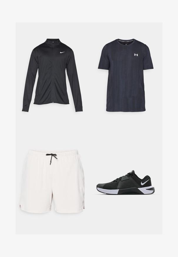 Black athletic jacket with long sleeves, collar, and full zipper. Features a subtle Nike logo in white on the upper left chest. Smooth texture.; Dark navy short-sleeve t-shirt made of breathable fabric, featuring a textured pattern and a white Under Armour logo on the chest.; Light beige athletic shorts with a textured fabric, elastic waistband, and black drawstring detail. Includes side slit pockets.; Nike Performance METCON 10 - Training shoe - black/white/anthracite