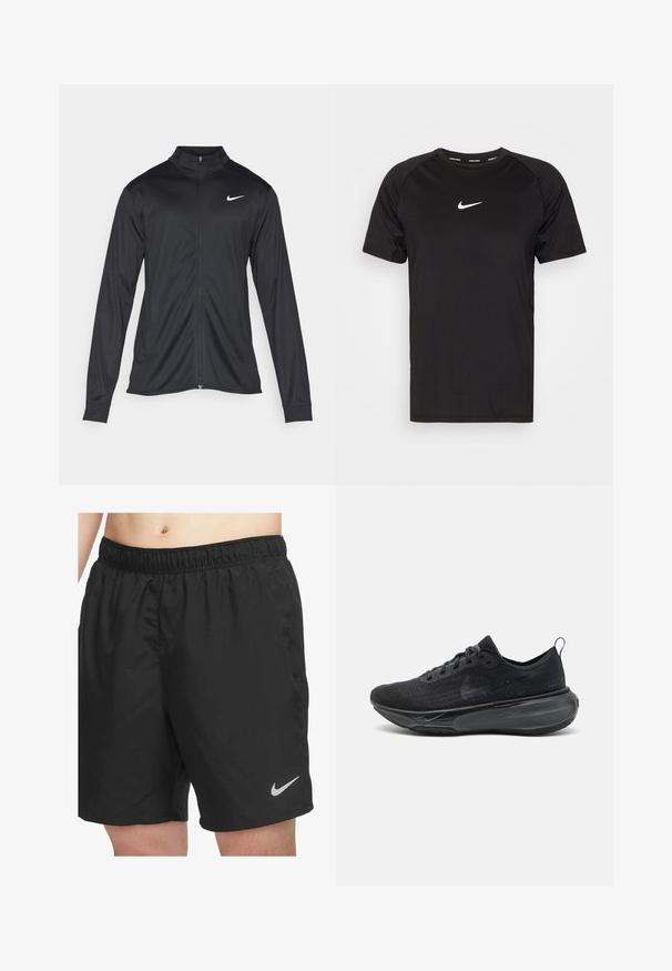 Black athletic jacket with long sleeves, collar, and full zipper. Features a subtle Nike logo in white on the upper left chest. Smooth texture.; Black short-sleeve Nike Pro t-shirt made of smooth, lightweight fabric. Features a small white Nike logo on the chest and raglan sleeve design.; Black athletic shorts made of lightweight material, featuring an elastic waistband and a small gray Nike logo on the bottom right.; Black running shoe with a textured knit upper, flat laces, and a thick cushioned sole. Features a loop at the heel for easy wear.