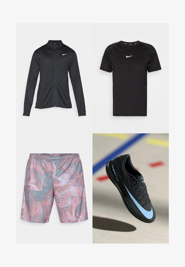 Musta urheilutakki pitkillä hihoilla, kauluksella ja kokonaisella vetoketjulla. Täydentää hienovarainen Nike-logo valkoisena vasemmassa ylärinnassa. Litteä pinta.; Mustapaitainen lyhythihainen Nike Pro t-paita, joka on valmistettu sileästä ja kevyestä kankaasta. Siinä on pieni valkoinen Nike-logo rinnassa ja raglan-hihojen muotoilu.; Harmaat urheilushortsit, joissa on joustava vyötärö, ja joissa on abstrakti kuvio, jossa on punaisia ja vaaleansinisiä kaarevia viivoja ja pisteitä.; Mustat urheilukengät sinisillä yksityiskohdilla, teksturoitu pinta, nauhallinen muotoilu ja erottuva Nike-logo. Kumipohja, jossa on pitoprofiilit.