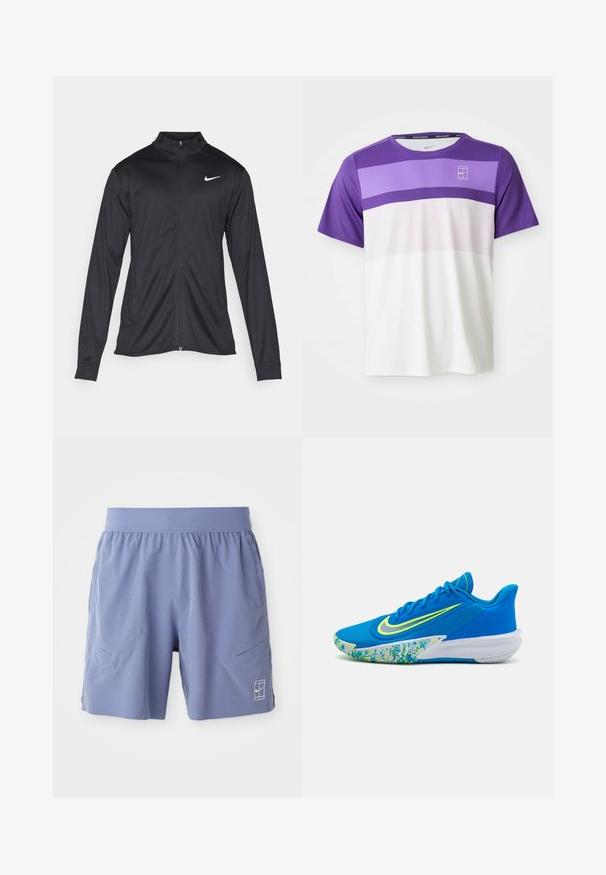 Schwarze Sportjacke mit langen Ärmeln, Kragen und voller Reißverschluss. Verfügt über ein dezentes Nike-Logo in Weiß auf der oberen linken Brust. Glatte Textur.; Kurze Ärmel Nike Sport-T-Shirt mit horizontalen Farbkombinationen aus lila, lavendel, hellrosa und weiß sowie dem NikeCourt-Logo auf der Brust.; Hellblaue Sportshorts mit elastischem Bund, zwei seitlichen Taschen und einem kleinen weißen Logo an der Unterseite vorne rechts. Glatte Textur.; Blaues Sportschuh mit einer strukturierten Oberseite, neon-gelben Akzenten und einer gemusterten Sohle in Blau- und Grüntönen. Glattes, elegantes Design.
