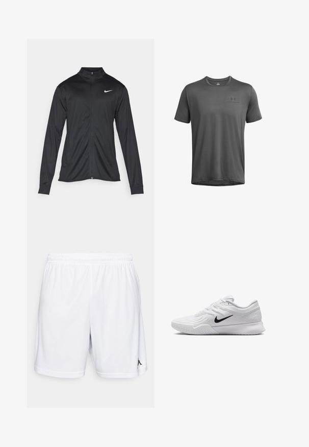 Čierna športová bunda s dlhými rukávmi, golierom a plným zipsom. Obsahuje nenápadné logo Nike v bielej farbe na hornej ľavej hrudi. Hladká textúra.; Sivá krátkosrstá tričko vyrobené z hladkej, ľahkej tkaniny. Má okrúhly výstrih a jemné logo na hrudi.; Biele športové šortky vyrobené z ľahkej tkaniny, s elastickým pásom a čiernym logom na dolnej ľavej nohe.; Biele športové topánky s textúrovaným sieťovaným zvrškom, čiernym logom Nike, polstrovaným golierom a gumovou podrážkou so vzorom dezénu.