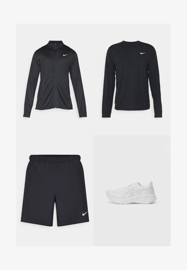 Svart idrottsjacka med långa ärmar, krage och full dragkedja. Har en diskret Nike-logga i vitt på övre vänstra bröstet. Slät yta.; Svart långärmad tröja i slätt tyg, med rund halsringning och en liten vit Nike-logga på övre vänstra bröstet.; Svarta träningsshorts gjorda av lätt material med elastisk midja. Har en liten vit Nike-logotyp på nedre vänstra sidan.; Vit idrottssko med en texturerad meshöverdel, innovativ dämpning, en böjd sula och en dragflik vid hälen för enkel på- och avtagning.