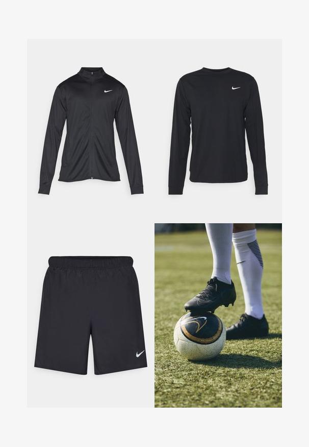 Melna sporta jaka ar garām piedurknēm, apkakli un pilnu rāvējslēdzēju. Uz kreisā krūts augšdaļas ir maigs Nike logo baltā krāsā. Gluda tekstūra.; Melna garo piedurkņu krekls, izgatavots no gludas auduma, ar apaļu kakla izgriezumu un mazu baltu Nike logotipu kreisajā augšējā krūtīs.; Melnas sporta šorti, izgatavoti no viegla materiāla, ar elastīgu jostu. Uz apakšējā kreisā stūra ir neliels balts Nike logo.; Melni futbola apavi uz baltiem un melniem rakstiem rotātas futbola bumbas, kas atpūšas uz zaļās zāles. Apaviem ir strukturēts materiāls un šņorēšana.