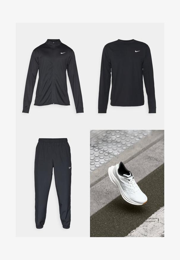 Veste de sport noire à manches longues, avec col et fermeture éclair intégrale. Présente un logo Nike subtil en blanc sur le côté supérieur gauche de la poitrine. Texture lisse.; Shirt noir à manches longues en tissu lisse, avec un col rond et un petit logo Nike blanc sur le côté supérieur gauche de la poitrine.; Pantalon de jogging noir en tissu léger avec une ceinture élastique, des poignets aux chevilles et un logo Nike discret sur le côté gauche.; Chaussure de sport blanche avec un intérieur noir flottant au-dessus d'un trottoir texturé et d'une route en asphalte près d'un revêtement tactile surélevé.