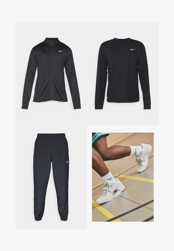 Fekete sportdzseki hosszú ujjal, gallérral és teljes cipzárral. Diszkrét fehér Nike logóval az upper bal mellen. Sima textúra.; Fekete, hosszú ujjú póló sima anyagból, kerek nyakkivágással és egy kis fehér Nike logóval a bal felső mellen.; Fekete sportnadrág könnyű anyagból, rugalmas derékkel és bokacsatokkal, a bal oldalon egy diszkrét Nike logóval.; Fehér atlétikai cipő texturált mintázattal és szürke részletekkel, jellegzetes logóval, fehér bordázott zoknival párosítva egy edzőtermi padlón.