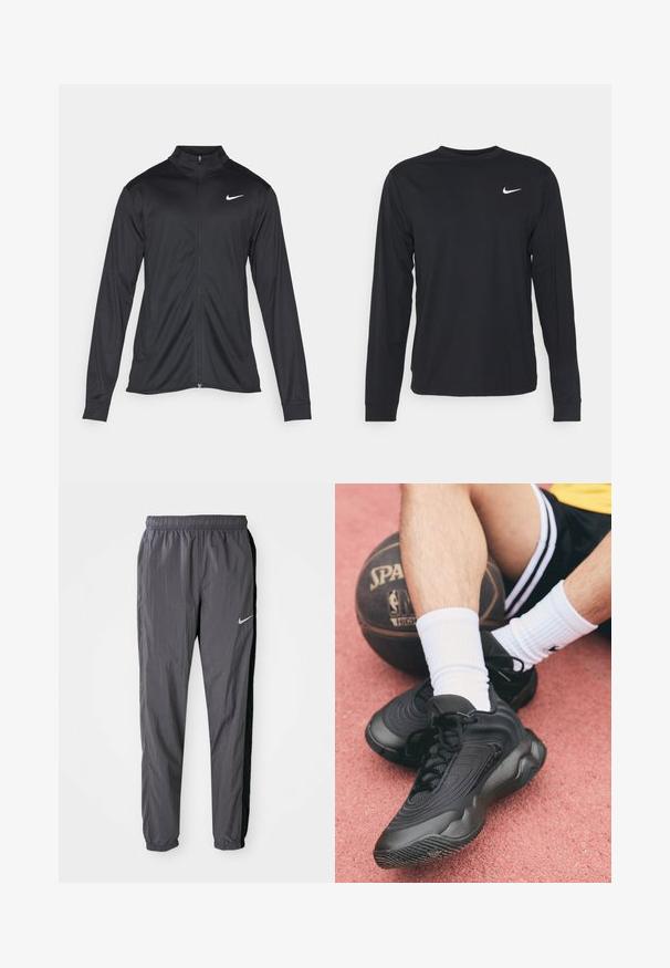 Μαύρο αθλητικό μπουφάν με μακριά μανίκια, γιακά και πλήρη φερμουάρ. Διαθέτει ένα διακριτικό λευκό λογότυπο της Nike στη πάνω αριστερή πλευρά του στήθους. Λείος υφασμάτινος χαρακτήρας.; Μαύρο μπλουζάκι με μακριά μανίκια από λείο ύφασμα, με στρογγυλή λαιμόκοψη και μικρό άσπρο λογότυπο Nike στο επάνω αριστερό στήθος.; Nike παντελόνια στίβου, κατασκευασμένα από ελαφρύ ύφασμα, σε σκούρο γκρι με μαύρες πλαϊνές πάνελ. Διαθέτουν ελαστική ζώνη και ανακλαστικό λογότυπο.; Μαύρα αθλητικά παπούτσια με υφή στην επάνω πλευρά και καμπυλωτό σχέδιο. Τοποθετημένα σε μια μπάλα μπάσκετ, συνδυασμένα με λευκές ριγωτές κάλτσες πάνω σε ροζ επιφάνεια.