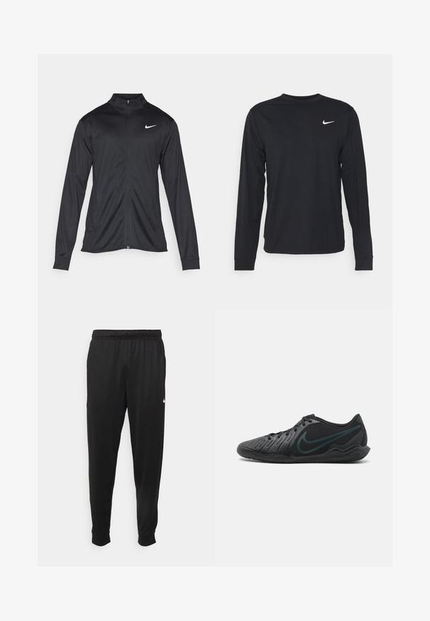 Black athletic jacket with long sleeves, collar, and full zipper. Features a subtle Nike logo in white on the upper left chest. Smooth texture.; Black long-sleeve shirt made of smooth fabric, featuring a crew neckline and a small white Nike logo on the upper left chest.; Black athletic pants made of smooth fabric, featuring an elastic waistband, tapered legs, and a small white logo on the left side.; Black athletic shoes with textured synthetic upper, wide lacing system, and contrasting dark green Nike logo on the side. Rubber sole.
