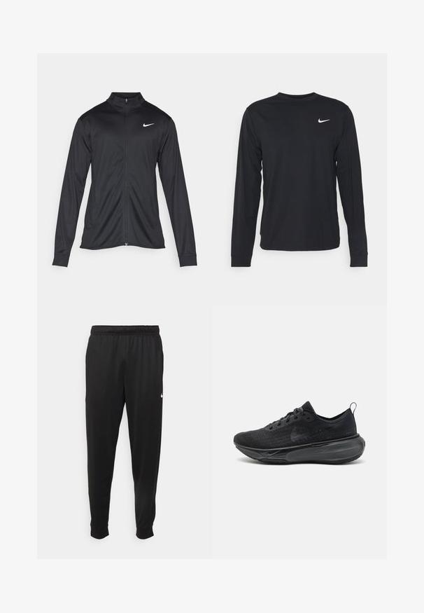 Veste de sport noire à manches longues, avec col et fermeture éclair intégrale. Présente un logo Nike subtil en blanc sur le côté supérieur gauche de la poitrine. Texture lisse.; Shirt noir à manches longues en tissu lisse, avec un col rond et un petit logo Nike blanc sur le côté supérieur gauche de la poitrine.; Pantalon de sport noir en tissu lisse, avec une taille élastique, des jambes fuselées et un petit logo blanc sur le côté gauche.; Baskets de course noires avec une tige en maille texturée, des lacets plats et une semelle épaisse et rembourrée. Dispose d'une boucle au niveau du talon pour un enfilage facile.