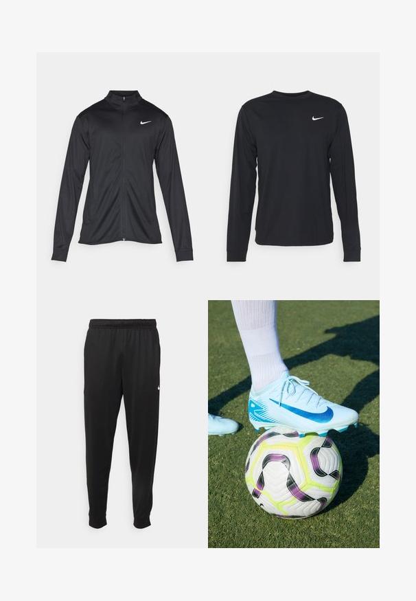 Černá sportovní bunda s dlouhými rukávy, límcem a plným zipem. Má decentní bílou logo značky Nike na horní levé části hrudi. Hladká textura.; Černé dlouhé tričko s hladkým povrchem, s kulatým výstřihem a malým bílým logem Nike na levé horní části hrudi.; Černé sportovní kalhoty vyrobené z hladké tkaniny, s elastickým pasem, zúženými nohavicemi a malým bílým logem na levé straně.; Světle modré fotbalové kopačky Nike s modrým vzorem swoosh, odpočívající na vícebarevném fotbalovém míči s zelenými, fialovými a černými akcenty.