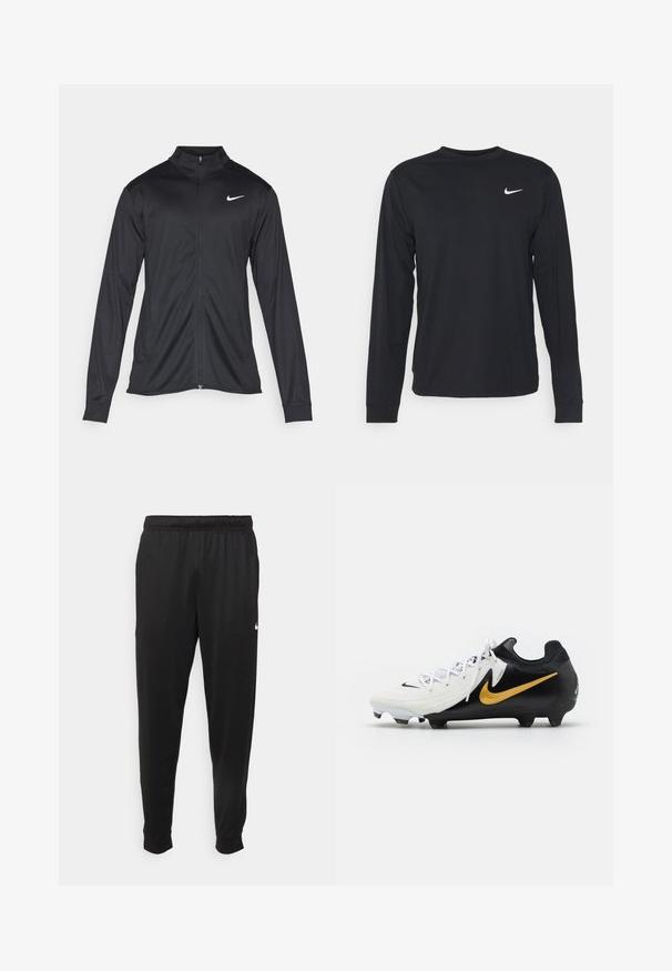 Zwarte sportjack met lange mouwen, kraag en volle rits. Voorzien van een subtiele Nike-logo in het wit op de bovenste linkerborst. Soepele textuur.; Zwarte langelijfshirt van gladde stof, met een ronde halslijn en een klein wit Nike-logo op de bovenkant van de linker borst.; Zwarte sportbroek gemaakt van gladde stof, met een elastische tailleband, taps toelopende pijpen en een klein wit logo aan de linkerzijde.; Nike voetbalschoen met een witte bovenkant voorzien van textuurstrepen, zwarte hiel en zool, en een gouden swoosh-logo aan de zijkant.