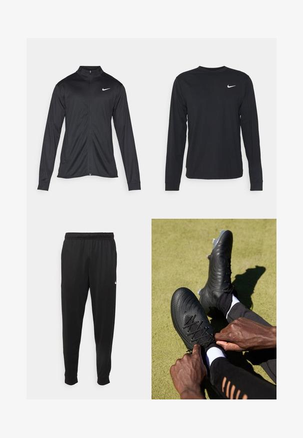 Fekete sportdzseki hosszú ujjal, gallérral és teljes cipzárral. Diszkrét fehér Nike logóval az upper bal mellen. Sima textúra.; Fekete, hosszú ujjú póló sima anyagból, kerek nyakkivágással és egy kis fehér Nike logóval a bal felső mellen.; Fekete sportos nadrág sima anyagból, rugalmas derékkal, szűkülő lábakkal és egy kis fehér logóval a bal oldalon.; Fekete focicipők, textúrált felsőrésszel és fekete fűzőkkel, amelyeket kezek húznak meg. Zöld háttéren, fekete sportöltözetben, fehér zoknikkal.