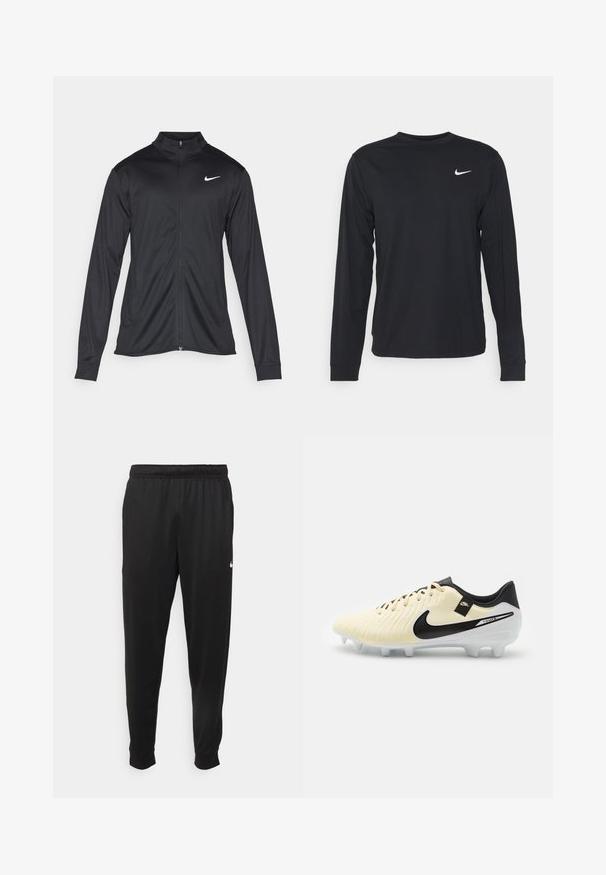 Jacket desportivo preto com mangas longas, colarinho e fecho zip completo. Apresenta um discreto logotipo da Nike em branco na parte superior do lado esquerdo do peito. Textura suave.; Camisola preta de manga longa, feita de um tecido suave, com decote redondo e um pequeno logótipo branco da Nike no canto superior esquerdo do peito.; Calças de desporto pretas feitas de tecido suave, com uma cintura elástica, pernas ajustadas e um pequeno logo branco no lado esquerdo.; Chuteira de futebol com um cabedal creme, design em couro texturizado, detalhes em preto e uma sola branca com cravos elevados para tração.