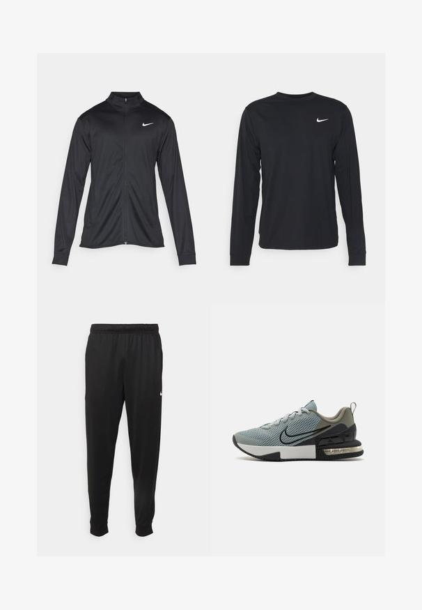 Zwarte sportjack met lange mouwen, kraag en volle rits. Voorzien van een subtiele Nike-logo in het wit op de bovenste linkerborst. Soepele textuur.; Zwarte langelijfshirt van gladde stof, met een ronde halslijn en een klein wit Nike-logo op de bovenkant van de linker borst.; Zwarte sportbroek gemaakt van gladde stof, met een elastische tailleband, taps toelopende pijpen en een klein wit logo aan de linkerzijde.; Mesh atleetenschoen in lichtblauw met zwarte accenten, gestructureerde bovenkant, ronde neus, veters en luchtkussens in de hiel. Rubberen zool.