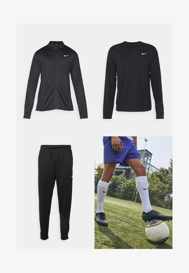 Czarna sportowa kurtka z długimi rękawami, kołnierzem i pełnym zamkiem. Posiada subtelne logo Nike w białym kolorze na lewej górnej części klatki piersiowej. Gładka tekstura.; Czarna koszula z długim rękawem wykonana z gładkiego materiału, z okrągłym dekoltem i małym białym logo Nike na górnej lewej piersi.; Czarne sportowe spodnie wykonane z gładkiego materiału, z elastycznym pasem, zwężanymi nogawkami i małym białym logo po lewej stronie.; Czarne korki Nike na klasycznej białej piłce z czarnymi akcentami, noszone z niebieskimi szortami i białymi skarpetkami do kolan na trawie.