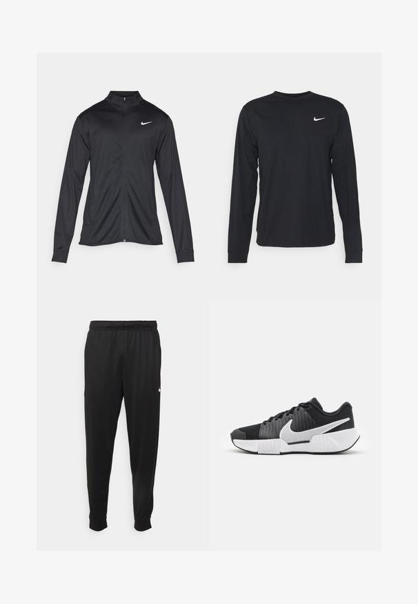 Must värvi sportlik jakk pikkade varrukatega, krae ja täispikk tõmblukk. Ülemises vasakus rinnas on diskreetne valge Nike logo. Sile tekstuur.; Must have pikkade varrukatega must särk, mis on valmistatud siledast kangast, ümara kaeluse ja väikese valge Nike logo detailiga vasakul rinnal.; Mustad mustekad athletic-püksid sujuvast kangast, elastse vöökoha, kitsenevate jalgade ja väikese valge logoga vasakul küljel.; Mustad mustossid, millel on tekstureeritud ülemine osa, valge swoosh-logo, pehmendatud kand ja kontrastne valge uus, millel on siksakmuster.