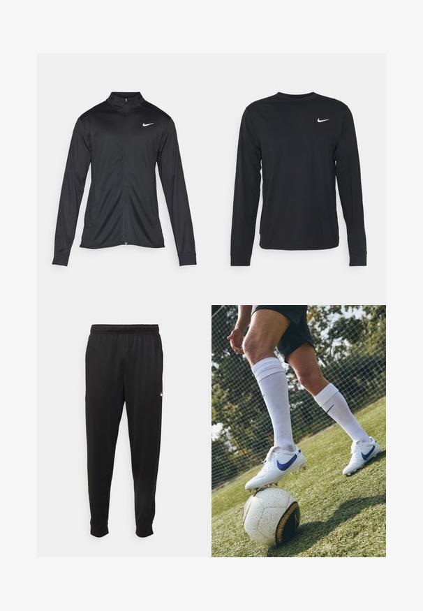 Črna atletska jakna z dolgimi rokavi, ovratnikom in polnim zadrgo. Vključuje diskreten bel Nike logotip na zgornjem levem delu prsnega koša. Gladka tekstura.; Črna dolgoročna majica z dolgimi rokavi, izdelana iz gladkega materiala, z okroglo ovratnikom in majhnim belim logotipom Nike na zgornjem levem prsnem delu.; Črne športne hlače iz gladkega materiala, z elastičnim pasom, zoženimi hlačnicami in majhnim belim logotipom na levi strani.; Beleške nogometne kline bele barve z vijoličnimi akcenti na zeleni travi, stojijo na črno-beli vzorčasti nogometni žogi, v družbi belih nogavic do kolen.
