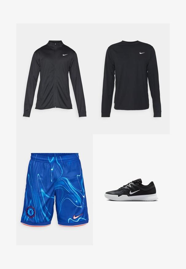 Zwarte sportjack met lange mouwen, kraag en volle rits. Voorzien van een subtiele Nike-logo in het wit op de bovenste linkerborst. Soepele textuur.; Zwarte langelijfshirt van gladde stof, met een ronde halslijn en een klein wit Nike-logo op de bovenkant van de linker borst.; Blauwe sportshorts met een golvende, lichtblauwe patroon, het Nike-logo in oranje en het Chelsea FC-embleem. Gemaakt van ademend materiaal.; Zwarte sportieve schoen met een gestructureerde bovenkant, witte Nike swoosh en een witte rubberen zool. Beschikt over een veterontwerp en een dynamische vorm.