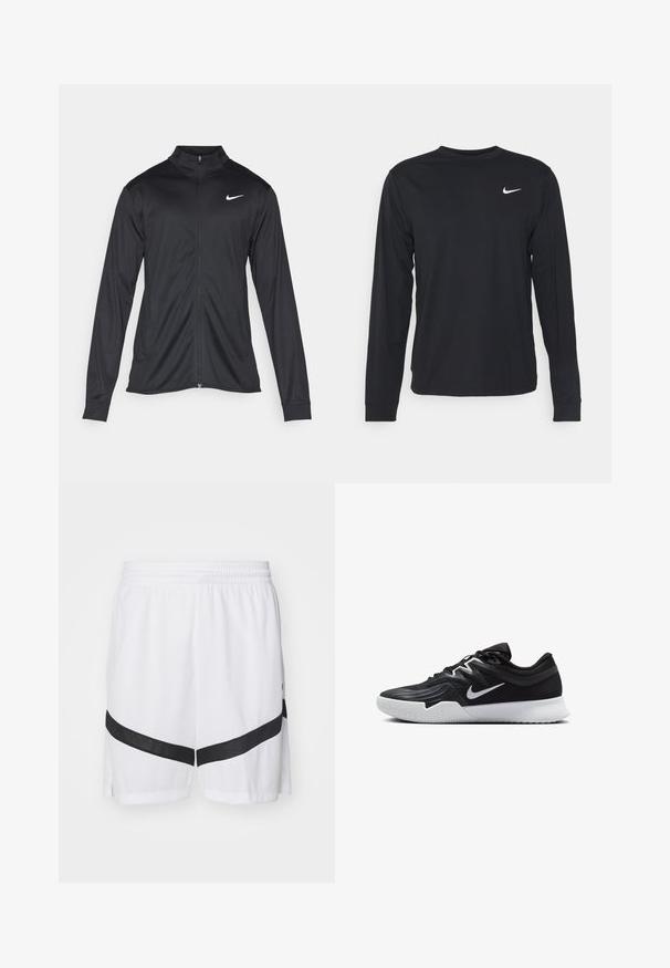 Must värvi sportlik jakk pikkade varrukatega, krae ja täispikk tõmblukk. Ülemises vasakus rinnas on diskreetne valge Nike logo. Sile tekstuur.; Must have pikkade varrukatega must särk, mis on valmistatud siledast kangast, ümara kaeluse ja väikese valge Nike logo detailiga vasakul rinnal.; Nike Performance ICON SHORT - Spordišortsid - white/black; Must mustad jalanikesad rikaste ülaservaga, valge Nike swoosh'i ja valge kummist välispõhjaga. Omab paeltega sulgemisdetaili ja dünaamilist kuju.