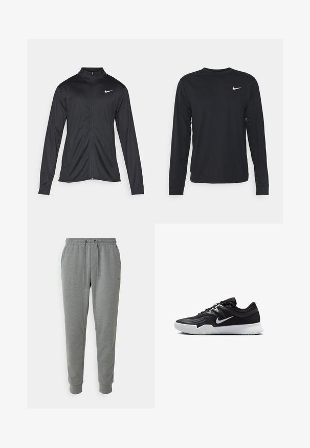 Svart idrottsjacka med långa ärmar, krage och full dragkedja. Har en diskret Nike-logga i vitt på övre vänstra bröstet. Slät yta.; Svart långärmad tröja i slätt tyg, med rund halsringning och en liten vit Nike-logga på övre vänstra bröstet.; Grå mjukisbyxor med elastisk midja och dragsko. Muddar vid anklarna. Slät yta med sidofickor och liten logodetalj.; Svarta träningsskor med en texturerad ovandel, vit Nike-logga och en vit gummisula. Har snörningsdesign och en dynamisk form.