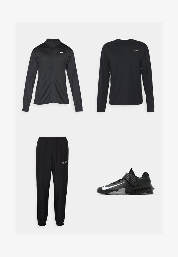 Sort atletisk jakke med lange ærmer, krave og fuld lynlås. Har et diskret Nike-logo i hvidt på den øverste venstre side af brystet. Glat tekstur.; Sort langærmet skjorte lavet af glat stof, med rund halsudskæring og et lille hvidt Nike-logo på den øverste venstre bryst.; Sorte træningsbukser med elastisk talje og manchetter. Har et hvidt Nike-logo på venstre side. Fremstillet af glat, let materiale.; Sorte sportsko med et strømlinet design, der har et fremtrædende hvidt Nike-logo, teksturerede overflader og en karakteristisk støbt sål.