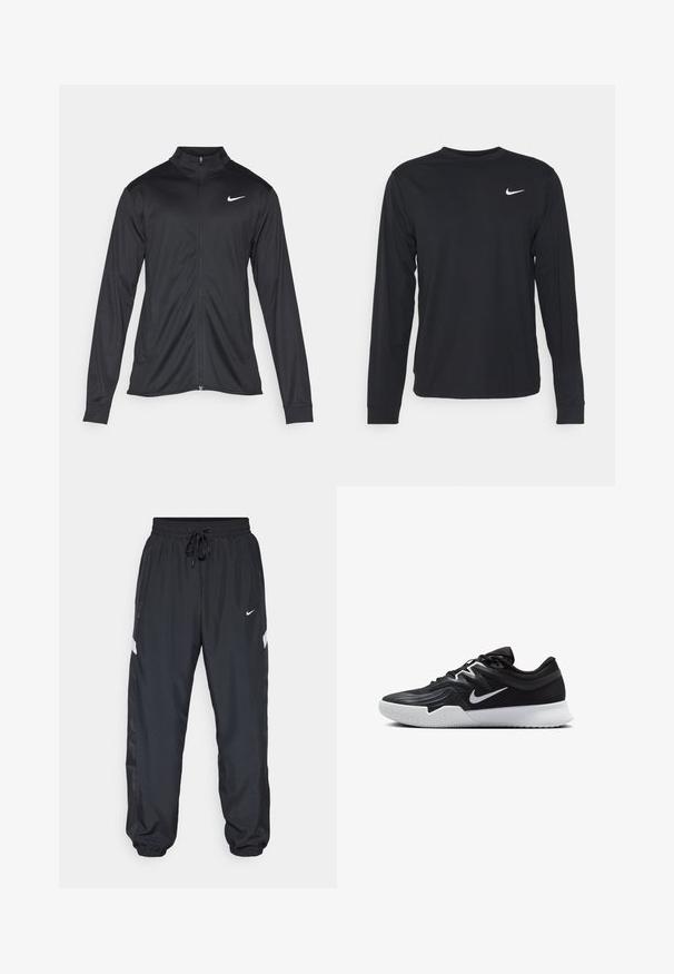 Μαύρο αθλητικό μπουφάν με μακριά μανίκια, γιακά και πλήρη φερμουάρ. Διαθέτει ένα διακριτικό λευκό λογότυπο της Nike στη πάνω αριστερή πλευρά του στήθους. Λείος υφασμάτινος χαρακτήρας.; Μαύρο μπλουζάκι με μακριά μανίκια από λείο ύφασμα, με στρογγυλή λαιμόκοψη και μικρό άσπρο λογότυπο Nike στο επάνω αριστερό στήθος.; Μαύρες αθλητικές παντελόνες με ελαστική μέση, ρυθμιζόμενο κορδόνι, πλαϊνές τσέπες και αντίθετες λευκές ρίγες κατά μήκος των πλευρών.; Μαύρο αθλητικό παπούτσι με υφή στο επάνω μέρος, λευκό σήμα Nike και λευκή καουτσούκ σόλα. Διαθέτει σχέδιο με κορδόνια και δυναμικό σχήμα.