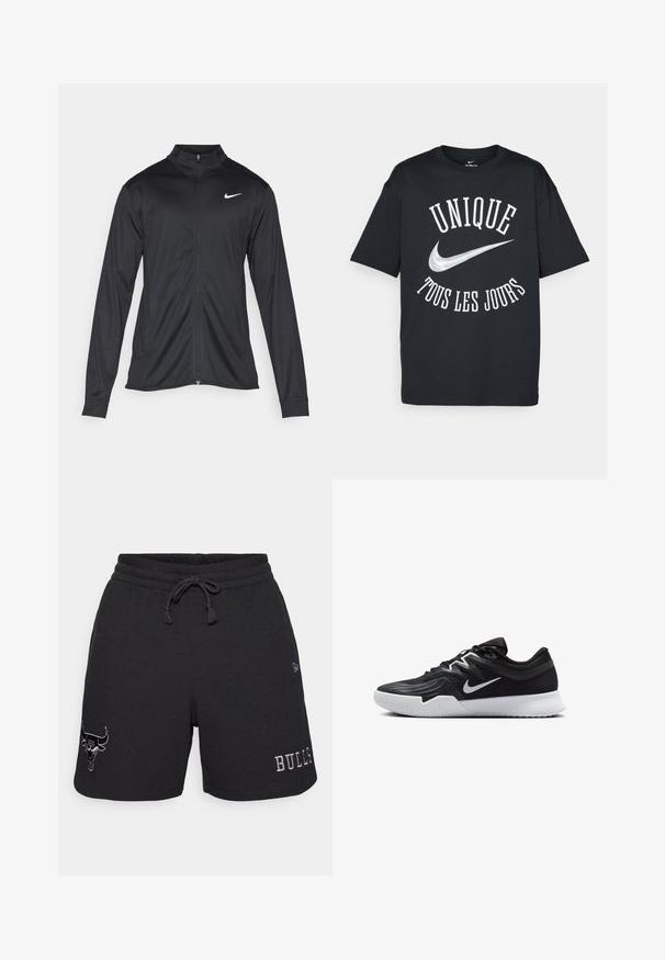 Jacket desportivo preto com mangas longas, colarinho e fecho zip completo. Apresenta um discreto logotipo da Nike em branco na parte superior do lado esquerdo do peito. Textura suave.; T-shirt preto em algodão com texto branco "UNIQUE TOUS LES JOURS" e um logótipo prateado da Nike. Design clássico com gola redonda e mangas curtas.; Calções de malha pretos com um tecido texturizado, apresentando um logótipo de touro bordado à esquerda e "BULLS" bordado em branco à direita.; Sapatilha atlética preta com um cabedal texturizado, swoosh branco da Nike e uma sola de borracha branca. Apresenta um design com atacadores e uma forma dinâmica.