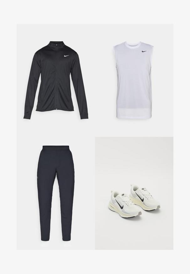 Melna sporta jaka ar garām piedurknēm, apkakli un pilnu rāvējslēdzēju. Uz kreisā krūts augšdaļas ir maigs Nike logo baltā krāsā. Gluda tekstūra.; Balts bez piedurknēm sporta krekls, kas izgatavots no viegla materiāla. Tam ir apaļš kakla izgriezums un neliela melna Nike logo augšējā kreisajā stūrī.; Melnas sporta bikses ar gludu tekstūru, šauru piegriezumu, elastīgu jostu un sānu kabatām. Uz kreisā augšstilba ir mazs logs.; Skriešanas apavi, kas izgatavoti no baltas elpojošas acs ar gaiši pelēkiem akcentiem. Iekļauj melnu swoosh logotipu un gaiši pelēku gumijas zoli.
