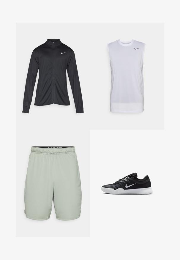 Juodas sportinis švarkas su ilgomis rankovėmis, apykakle ir pilnu užtrauktuku. Yra subtilus baltas Nike logotipas kairėje krūtinės pusėje. Lygus tekstūra.; Balta be rankovių sportinė marškinėlė, pagaminta iš lengvos medžiagos. Turi apvalų kaklą ir mažą juodą "Nike" logotipą viršutiniame kairiajame kampe.; Nike Performance TOTALITY - Sportiniai šortai - jade horizon/black; Juodos sportinės bateliai su tekstūruota viršutine dalimi, balta Nike swoosh ir balta gumine išorine dalimi. Yra su raištelių užsegimo dizainu ir dinamine forma.