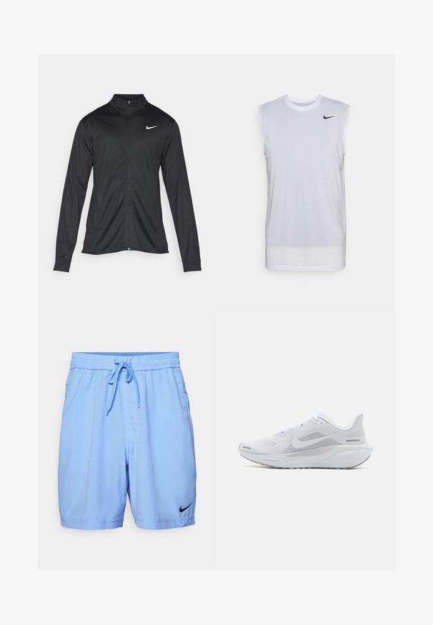 Fekete sportdzseki hosszú ujjal, gallérral és teljes cipzárral. Diszkrét fehér Nike logóval az upper bal mellen. Sima textúra.; Fehér ujjatlan sportpóló könnyű anyagból. Kerek nyakkivágással és egy kis fekete Nike logóval a bal felső részen.; Világoskék sport rövidnadrág sima anyagból, rugalmas derékkal, húzózsinórral, oldalsó zsebekkel és fekete Nike logóval.; Fehér sportcipő, hálós felsőrésszel, sima textúrájú díszítőelemekkel, szürke akcentusokkal, fűzőkkel, és párnázott talppal, amely a teljesítmény érdekében készült.