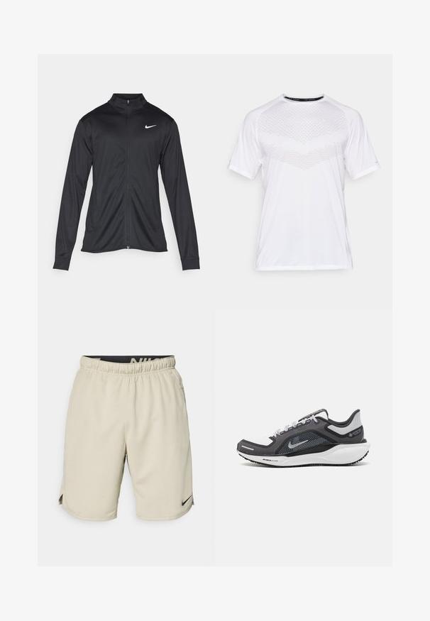 Juodas sportinis švarkas su ilgomis rankovėmis, apykakle ir pilnu užtrauktuku. Yra subtilus baltas Nike logotipas kairėje krūtinės pusėje. Lygus tekstūra.; Balta trumpa rankovėmis sportinė marškinėliai su tekstūriniu geometriniu raštu priekyje, pagaminti iš lengvos medžiagos, su apvaliu iškirpimu ir laisvu siluetu.; Bežinės sportinės šortai, pagaminti iš lengvo audinio, turintys elastinę juostą, šonines plyšius ir mažą juodą Nike logotipo ženklą apatinėje kairėje pusėje.; Juodas ir pilkas sportinis batelis su tinkleliu viršuje, atspindinčiais akcentais ir balta vidurinė dalimi. Yra tekstūruota guminė išorinė pada ir raišteliai.