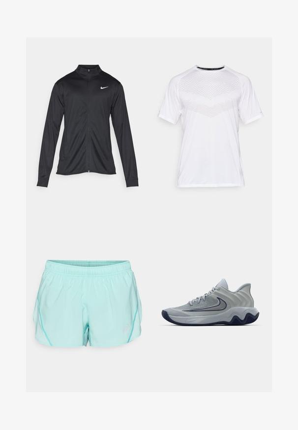 Black athletic jacket with long sleeves, collar, and full zipper. Features a subtle Nike logo in white on the upper left chest. Smooth texture.; White short-sleeve athletic shirt with a textured geometric pattern on the front, made of lightweight fabric, round neckline, and relaxed fit.; Light turquoise sports shorts with an elastic waistband, side mesh panels, and a small logo on the lower front. Smooth texture and relaxed fit.; Gray athletic shoe with a textured upper, geometric accents, padded collar, and a rubber sole featuring a wavy design. Nike logo visible.