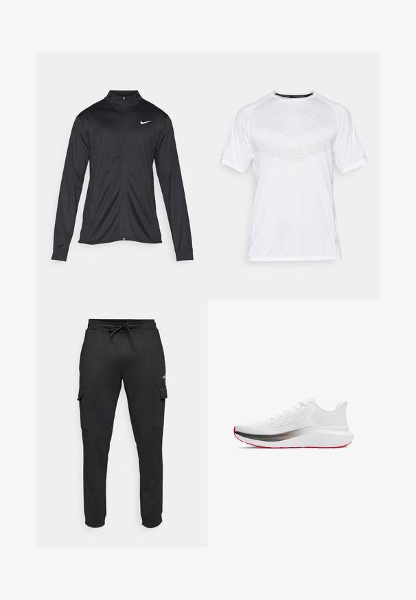 Melna sporta jaka ar garām piedurknēm, apkakli un pilnu rāvējslēdzēju. Uz kreisā krūts augšdaļas ir maigs Nike logo baltā krāsā. Gluda tekstūra.; Balta īsām piedurknēm sporta krekls ar teksturētu ģeometrisku rakstu uz priekšpuses, izgatavots no viegla auduma, ar apaļu kakla izgriezumu un brīvu piegriezumu.; Jack & Jones Performance JPSTGORDON JJBASIC ICE CARGO PANTS - Auduma bikses - black; Skriešanas apavi ar baltu tīkla augšdaļu, sudraba vidusdaļu un sarkanu zoli. Iekļauj apaļas šņores un mīkstu apkakli komfortam.