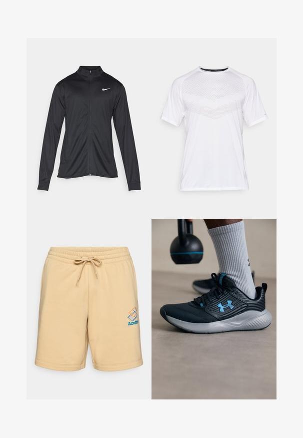 Svart idrettsjakke med lange ermer, krage og full glidelås. Har en subtil Nike-logo i hvitt på øvre venstre bryst. Glatt tekstur.; Hvit kortermet treningsskjorte med et teksturert geometrisk mønster foran, laget av lett materiale, rund hals og avslappet passform.; Beige bomullsshorts med elastisk midje og snor. Har en blå og oransje logo på fronten. Glatt tekstur.; Svarte idrettsko med blå detaljer, teksturert overdel og grå såle. Brukt med grå ribbestrikkede sokker, ved siden av en svart kettlebell.