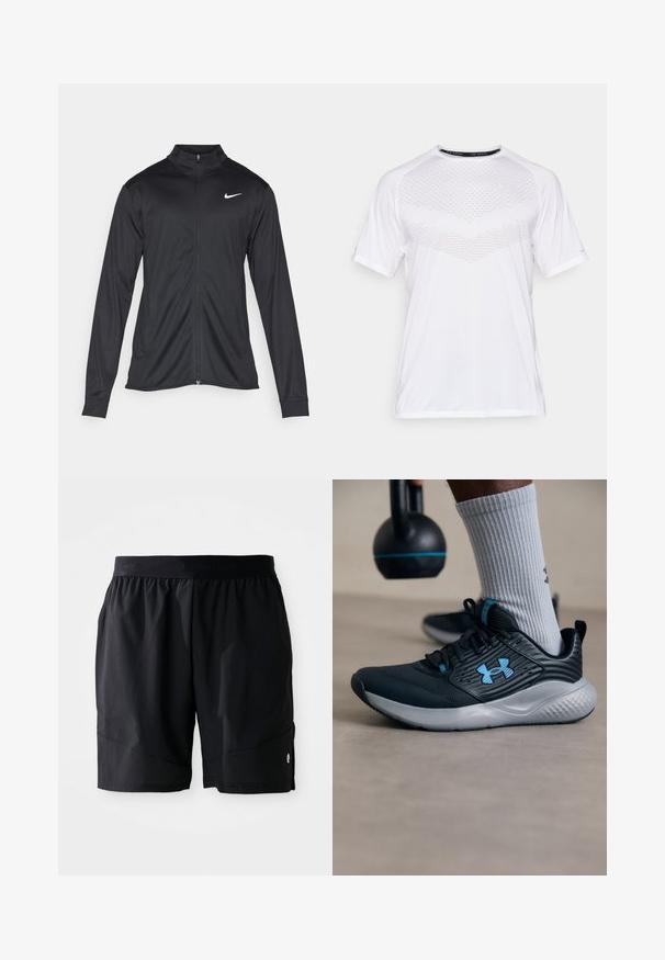 Jacket desportivo preto com mangas longas, colarinho e fecho zip completo. Apresenta um discreto logotipo da Nike em branco na parte superior do lado esquerdo do peito. Textura suave.; Camiseta atlética branca de manga curta com um padrão geométrico texturizado na frente, feita de um tecido leve, com decote arredondado e corte solto.; Calças curtas atléticas pretas com cintura elástica, apresentando uma discreta marca "BJÖRN BORG" e um pequeno logótipo branco perto da bainha.; Sapatilha atlética preta com detalhes em azul, parte superior texturizada e sola cinza. Usada com meias caneladas cinza, ao lado de um kettlebell preto.