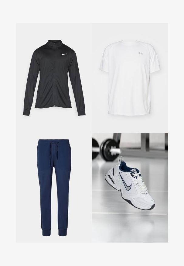 Black athletic jacket with long sleeves, collar, and full zipper. Features a subtle Nike logo in white on the upper left chest. Smooth texture.; White short-sleeve athletic shirt made of smooth fabric. Features a crew neck and gray logo on the left chest, with side slits at the hem.; Navy blue athletic joggers featuring a drawstring waistband, tapered legs, and side pockets with a smooth finish.; White athletic shoe with a navy blue accent, mesh and leather upper, reinforced toe, and black rubber sole. Features distinctive Nike branding.