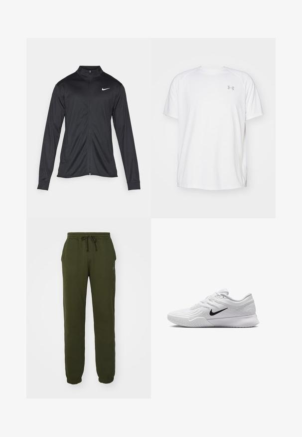 Jachetă sportivă neagră cu mâneci lungi, guler și fermoar complet. Prezintă un logo Nike subtil, alb, pe pieptul din stânga sus. Textură netedă.; Camică sport cu mânecă scurtă, de culoare albă, fabricată dintr-un material neted. Dispune de un guler tip crew și un logo gri pe pieptul stâng, cu slituri laterale la tiv.; Champion ICONS TONAL CUFF LARGE LOGO - Pantaloni de trening - dark green; Pantofii atletici albi cu parte superioară din plasă texturată, swoosh-ul Nike negru, guler căptușit și talpă din cauciuc cu un model de profil.
