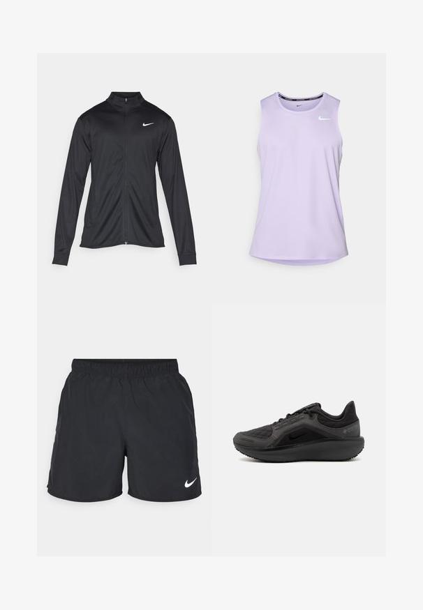 Musta urheilutakki pitkillä hihoilla, kauluksella ja kokonaisella vetoketjulla. Täydentää hienovarainen Nike-logo valkoisena vasemmassa ylärinnassa. Litteä pinta.; Violet urheilullinen hihaton toppi, joka on valmistettu kevyestä materiaalista, pyöreällä helmalla ja pienellä valkoisella Nike-logolla rintamuksessa.; Mustat urheilusortsit, jotka on valmistettu kevyestä kankaasta. Niissä on joustava vyötärönauha ja valkoinen Nike-logo vasemmassa alakulmassa.; Musta urheilukenkä, jossa on teksturoitu tikattu päällinen, tyylikäs muotoilu ja musta kumipohja. Varustettu näkyvällä logolla ja Gore-Tex -merkillä.