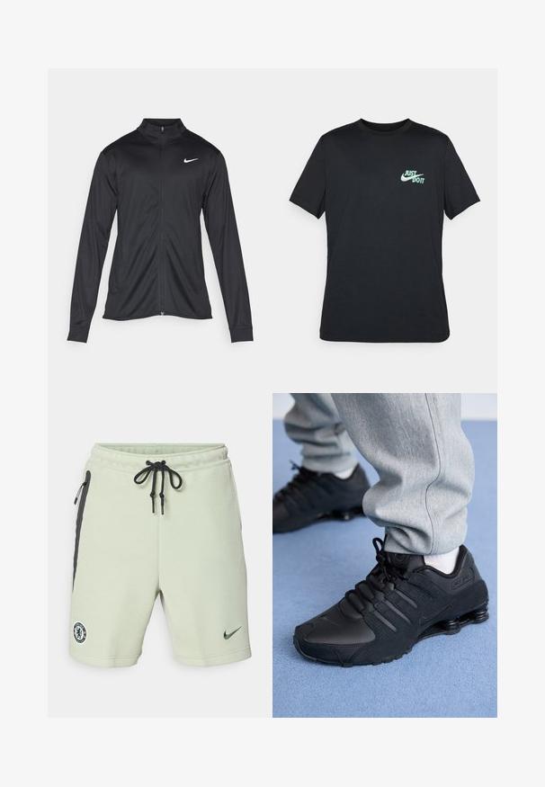 Juodas sportinis švarkas su ilgomis rankovėmis, apykakle ir pilnu užtrauktuku. Yra subtilus baltas Nike logotipas kairėje krūtinės pusėje. Lygus tekstūra.; Juoda medvilnės marškinėliai trumpomis rankovėmis ir apvalia iškirpte, su šviesiai mėlyna "Just Do It" logotipu viršutiniame kairiajame krūtinės kampe.; Šviesiai žali medvilniniai šortai su juodais akcentais, raišteliu juosmens srityje, šoninėmis kišenėmis ir siuvinėtu Chelsea FC logotipu. Pagaminti iš minkštos medžiagos.; Asmuo vilkintis juodas Nike Shox sportbačius ir pilkas treningo kelnes stovi ant šviesiai mėlynos kiliminės dangos.