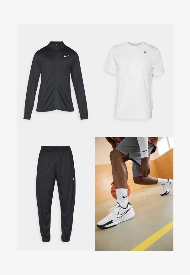 Giacca sportiva nera con maniche lunghe, colletto e zip completa. Presenta un logo Nike in bianco sulla parte superiore del lato sinistro del petto. Tessuto morbido.; T-shirt bianco a maniche corte in tessuto morbido. Presenta un collo rotondo e un piccolo logo Nike nero sul lato sinistro del petto.; Pantaloni sportivi neri con elastico in vita, gambe affusolate e un piccolo logo bianco Nike sulla coscia sinistra. Tessuto liscio, senza fantasie.; Scarpe da basket Nike bianche con accenti neri, dotate di una tomaia in rete e una suola testurizzata. Indossate con calze bianche con il marchio Nike e pantaloni corti grigi.