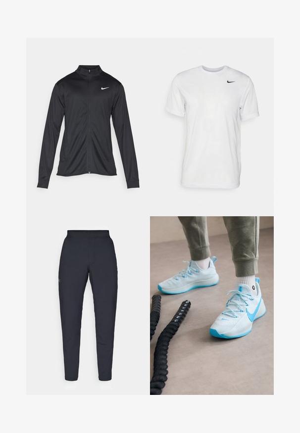Juodas sportinis švarkas su ilgomis rankovėmis, apykakle ir pilnu užtrauktuku. Yra subtilus baltas Nike logotipas kairėje krūtinės pusėje. Lygus tekstūra.; Balta trumpa rankovėmis marškinėliai, pagaminti iš lygaus audinio. Turi apvalų kaklą ir mažą juodą Nike logotipą kairėje krūtinės pusėje.; Juodos sportinės kelnės su lygiu paviršiumi, siauru siluetu, elastingu juosmeniu ir šoninėmis kišenėmis. Mažas logotipas yra kairėje šlaunyje.; Šviesiai mėlyni sportiniai bateliai su tekstūruota medžiaga, išryškintomis raišteliais ir raštuota puse. Dėvimi su pilkais sportiniais šortais ir baltais kojinėmis.