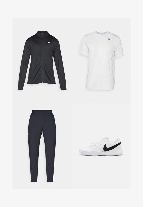 Black athletic jacket with long sleeves, collar, and full zipper. Features a subtle Nike logo in white on the upper left chest. Smooth texture.; White short-sleeve t-shirt made of smooth fabric. Features a round neck and a small black Nike logo on the left chest.; Black athletic pants with a smooth texture, slim fit, elastic waistband, and side pockets. Features a small logo on the left thigh.; White athletic shoes featuring a textured upper, black Nike swoosh, padded collar, and a solid rubber outsole with patterned tread.