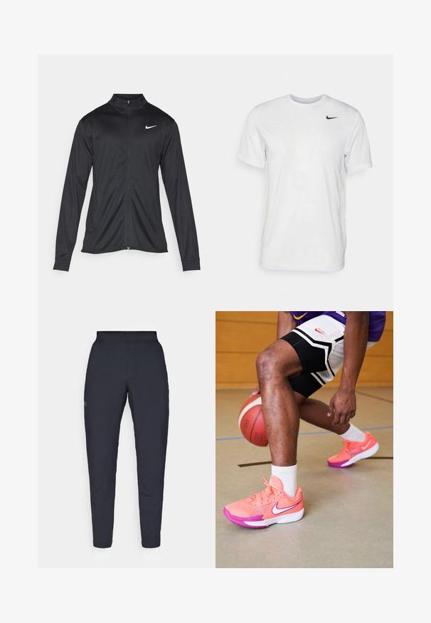 Black athletic jacket with long sleeves, collar, and full zipper. Features a subtle Nike logo in white on the upper left chest. Smooth texture.; White short-sleeve t-shirt made of smooth fabric. Features a round neck and a small black Nike logo on the left chest.; Black athletic pants with a smooth texture, slim fit, elastic waistband, and side pockets. Features a small logo on the left thigh.; Nike basketball shoes in bright pink and purple with mesh detailing, featuring a white logo and textured soles, on a hardwood court.