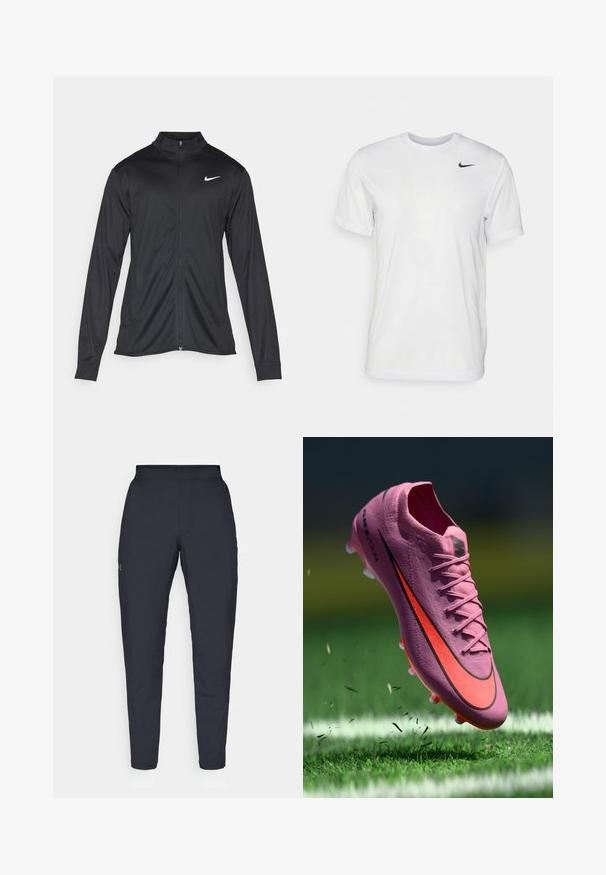 Černá sportovní bunda s dlouhými rukávy, límcem a plným zipem. Má decentní bílou logo značky Nike na horní levé části hrudi. Hladká textura.; Bílé tričko s krátkým rukávem vyrobené z hladkého materiálu. Má kulatý výstřih a malé černé logo Nike na levé straně hrudi.; Černé sportovní kalhoty s hladkou texturou, slim fit, elastickým pasem a bočními kapsami. Na levém stehně je umístěno malé logo.; Růžová fotbalová kopačka s červeným a černým logem Nike, umístěná nad zeleným trávníkem s bílou čarou, kolem boty poletují trávníkové stébla.