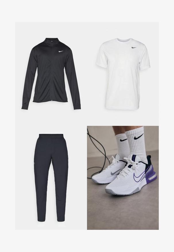 Schwarze Sportjacke mit langen Ärmeln, Kragen und voller Reißverschluss. Verfügt über ein dezentes Nike-Logo in Weiß auf der oberen linken Brust. Glatte Textur.; Weißes T-Shirt mit kurzen Ärmeln aus glattem Stoff. Verfügt über einen runden Halsauschnitt und ein kleines schwarzes Nike-Logo auf der linken Brust.; Schwarze Sporthose mit glatter Textur, schlankem Schnitt, elastischem Bund und seitlichen Taschen. Mit einem kleinen Logo auf dem linken Oberschenkel.; Weiße Sportschuhe mit Netzoberteil, lila Akzenten und grauer Sohle. Getragen mit weißen gerippten Socken, die ein schwarzes Logo zeigen. Ein Kabel liegt in der Nähe.