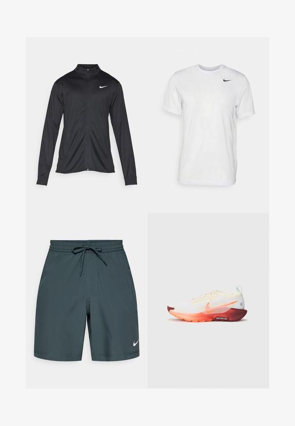 Schwarze Sportjacke mit langen Ärmeln, Kragen und voller Reißverschluss. Verfügt über ein dezentes Nike-Logo in Weiß auf der oberen linken Brust. Glatte Textur.; Weißes T-Shirt mit kurzen Ärmeln aus glattem Stoff. Verfügt über einen runden Halsauschnitt und ein kleines schwarzes Nike-Logo auf der linken Brust.; Herren Sportshorts aus leichtem, dunkelgrünem Stoff, mit elastischem Bund und Kordelzug sowie einem kleinen weißen Logo.; Nike Performance REACTX PEGASUS 5 GTX - Laufschuh Trail - sail/hyper crimson/glacier blue/dark team red/silt red