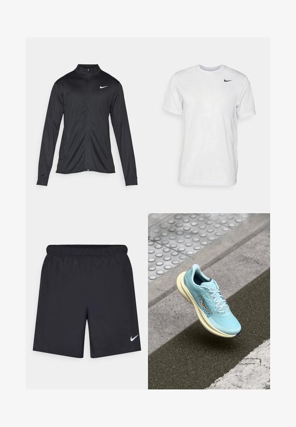 Chaqueta atlética negra con mangas largas, collar y cremallera completa. Presenta un sutil logo de Nike en blanco en la parte superior izquierda del pecho. Textura suave.; Camiseta blanca de manga corta hecha de tela suave. Presenta un cuello redondo y un pequeño logo negro de Nike en el pecho izquierdo.; Pantalones cortos deportivos negros hechos de un material ligero con una cintura elástica. Presenta un pequeño logo blanco de Nike en la parte inferior izquierda.; Zapatilla de running azul claro con parte superior de malla transpirable, media suela acolchada en crema y detalle del logo naranja en el lateral. Diseño de puntera redondeada.