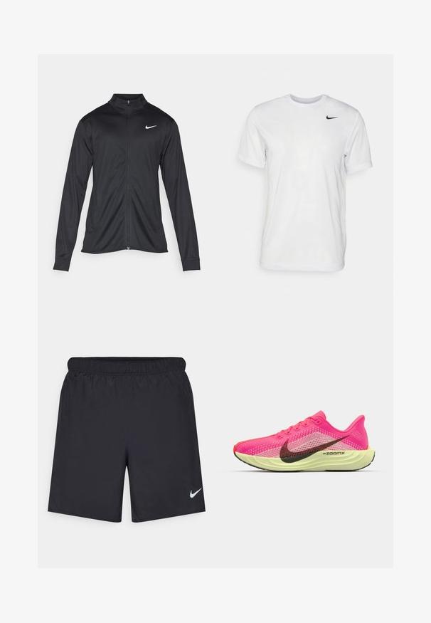 Schwarze Sportjacke mit langen Ärmeln, Kragen und voller Reißverschluss. Verfügt über ein dezentes Nike-Logo in Weiß auf der oberen linken Brust. Glatte Textur.; Weißes T-Shirt mit kurzen Ärmeln aus glattem Stoff. Verfügt über einen runden Halsauschnitt und ein kleines schwarzes Nike-Logo auf der linken Brust.; Schwarze sportliche Shorts aus leichtem Material mit einem elastischen Bund. Auf der unteren linken Seite befindet sich ein kleines weißes Nike-Logo.; Helle pinke Sportschuhe mit einem strukturierten Mesh-Obermaterial, schwarzem Nike-Swoosh, gelbem Zwischensohlenbereich und einer roten Zehenkappe. Entworfen für das Laufen.