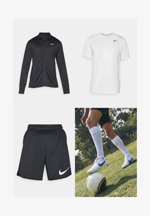 Juodas sportinis švarkas su ilgomis rankovėmis, apykakle ir pilnu užtrauktuku. Yra subtilus baltas Nike logotipas kairėje krūtinės pusėje. Lygus tekstūra.; Balta trumpa rankovėmis marškinėliai, pagaminti iš lygaus audinio. Turi apvalų kaklą ir mažą juodą Nike logotipą kairėje krūtinės pusėje.; Juodos sportinės šortai, pagaminti iš lengvos medžiagos, su elastinga juosta ir šoninėmis skylėmis judėjimui. Su balta Nike swoosh logotipu.; Baldos su futbolo bateliais, kurių baltos spalvos su violetiniais akcentais, stovinčiais ant žaliosios aikštelės, ant juodai baltos raštuotos futbolo kamuolio, kartu su baltais iki kelių siekiančiais kojiniais.