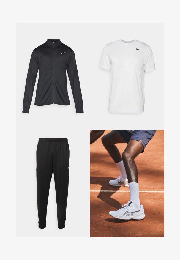 Μαύρο αθλητικό μπουφάν με μακριά μανίκια, γιακά και πλήρη φερμουάρ. Διαθέτει ένα διακριτικό λευκό λογότυπο της Nike στη πάνω αριστερή πλευρά του στήθους. Λείος υφασμάτινος χαρακτήρας.; Λευκό κοντομάνικο T-shirt από απαλό ύφασμα. Διαθέτει στρογγυλή λαιμόκοψη και ένα μικρό μαύρο λογότυπο Nike στο αριστερό στήθος.; Μαύρο αθλητικό παντελόνι από λείο ύφασμα, με ελαστική μέση, κοφτά μπατζάκια και μικρό λευκό λογότυπο στην αριστερή πλευρά.; Λευκά αθλητικά παπούτσια με ασημί λεπτομέρειες, που διαθέτουν υφασμάτινη επένδυση και υφή στη σόλα, τοποθετημένα σε ένα χωμάτινο γήπεδο τένις.